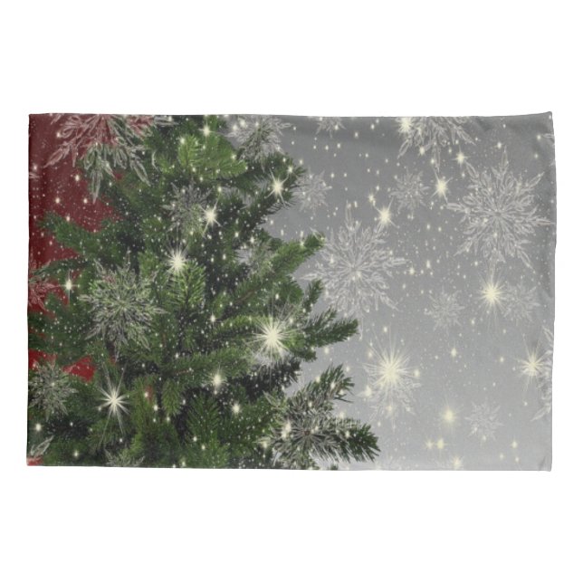 Weihnachten Party Grüne Bäume Rote Silberschneeflo Kissenbezug (Rückseite)