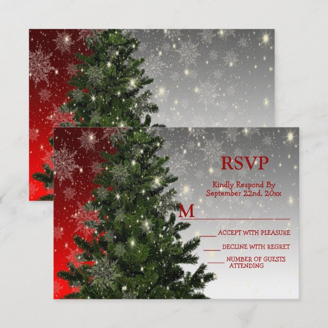 Weihnachten Party Grüne Bäume Rote Silberschneeflo RSVP Karte (Vorne/Hinten)