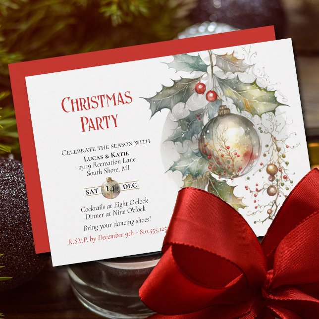 Weihnachten Party Holly Ornament Rotes Gold Einladung (Festive Holiday Party Invitation with beautiful watercolor elements.)
