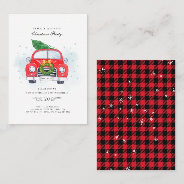 Weihnachten Party Klassisches Rotes Auto mit Baum Mitteilungskarte (Vorne/Hinten)