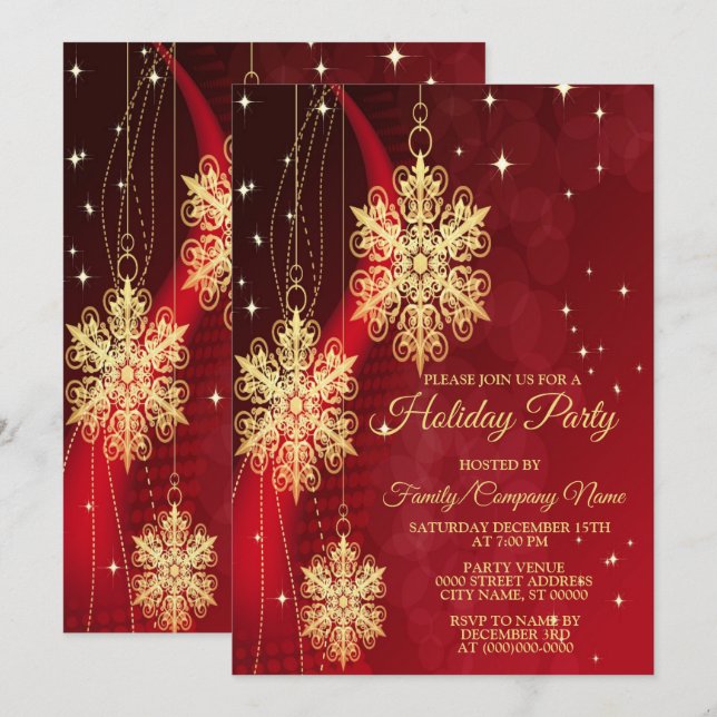 Weihnachten Party Roter Goldene Schneeflocken Einladung (Vorne/Hinten)
