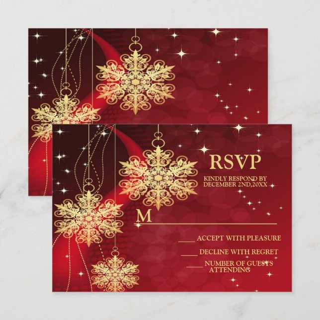 Weihnachten Party Roter Goldene Schneeflocken RSVP Karte (Vorne/Hinten)
