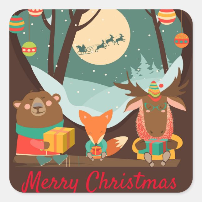Weihnachten Party Waldtiere Niedlich Quadratischer Aufkleber (Vorderseite)