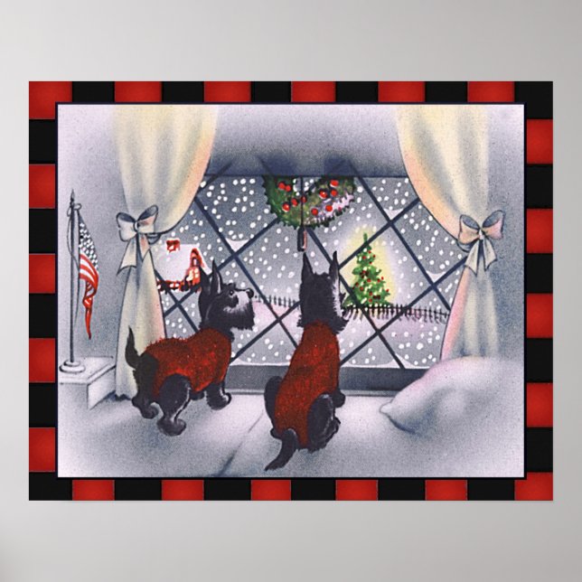 Weihnachten Patriotic Scottie Hunde auf Karos Poster (Vorne)