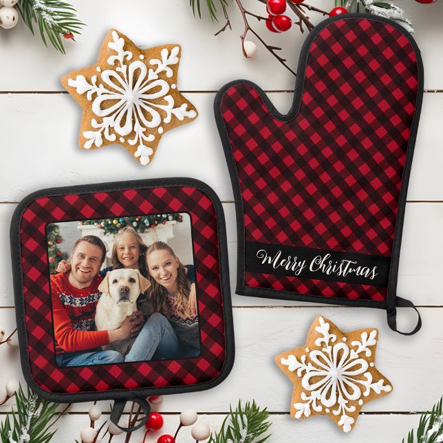 Weihnachten Personalisiert Rotes Kariertes Foto Ofenhandschuh & Topflappen-Set (Von Creator hochgeladen)
