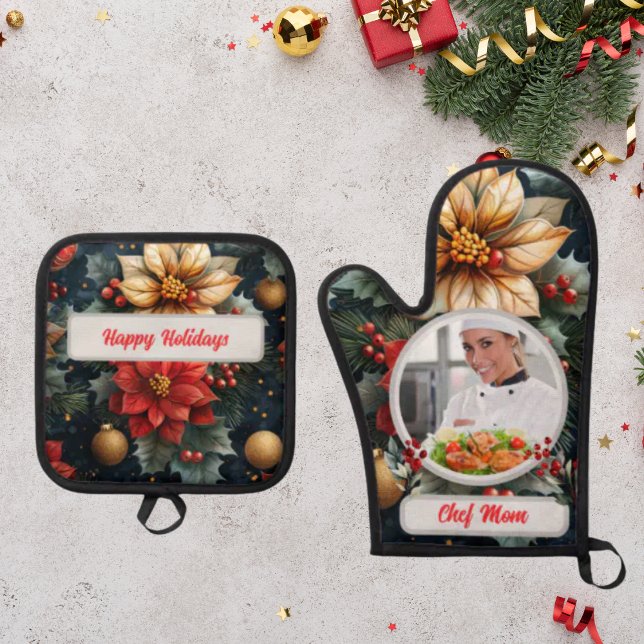 Weihnachten Personalisierter Koch Mama Foto Ofenhandschuh & Topflappen-Set (Von Creator hochgeladen)
