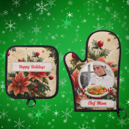 Weihnachten Personalisierter Koch Mama Foto Ofenhandschuh & Topflappen-Set