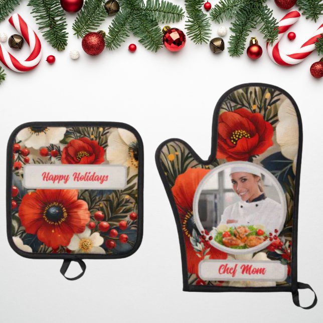 Weihnachten Personalisierter Koch Mama Foto Ofenhandschuh & Topflappen-Set (Von Creator hochgeladen)