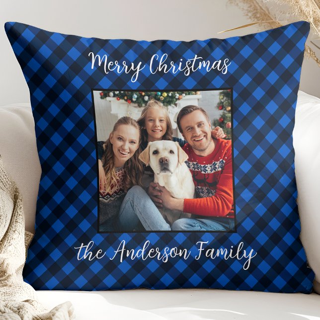 Weihnachten Personalisiertes Foto Blau Kariert Kissen (Von Creator hochgeladen)