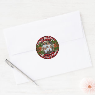 Weihnachten personalisiertes Foto rot kariert pine Runder Aufkleber