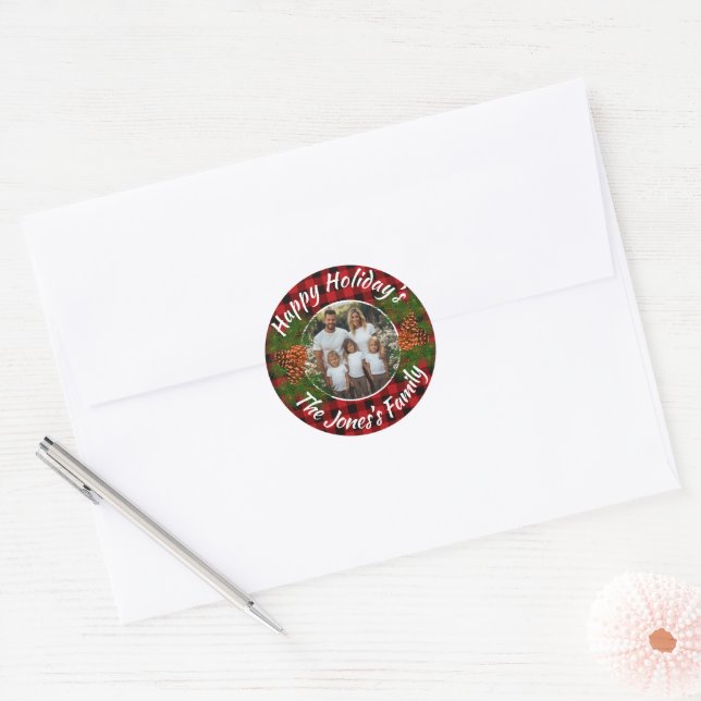 Weihnachten personalisiertes Foto rot kariert pine Runder Aufkleber (Umschlag)