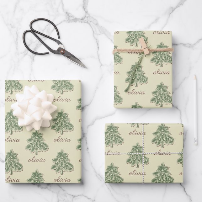 Weihnachten Pine Tree & Individuelle Name Geschenkpapier Set (Vorderseite)