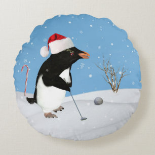 Weihnachten, Pinguin, der Golf spielt Rundes Kissen