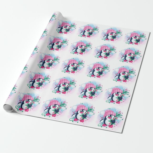 Weihnachten Pinguin Pink Hat Wasserfarbenurlaub Geschenkpapier (Ungerollt)