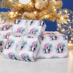 Weihnachten Pinguin Pink Hat Wasserfarbenurlaub Geschenkpapier