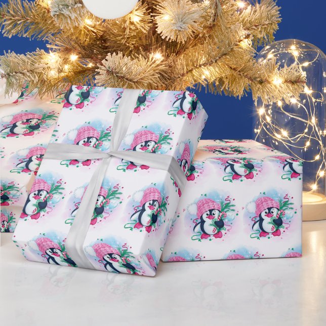 Weihnachten Pinguin Pink Hat Wasserfarbenurlaub Geschenkpapier (Feiertage)