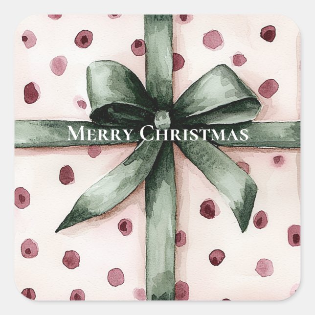 Weihnachten Pink Dots Grüne Schleife & Bow Quadratischer Aufkleber (Vorderseite)