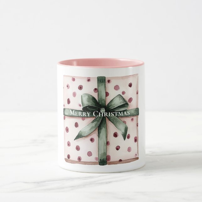 Weihnachten Pink Dots Grüne Schleife & Bow Tasse (Zentrum)