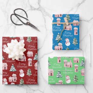 Weihnachten Pink Hütte Pine Tree Schneeferien Geschenkpapier Set
