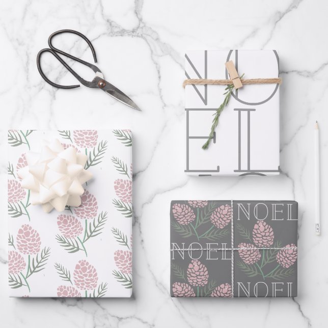 WEIHNACHTEN Pink Pine Cone Muster Weiß & Grau Geschenkpapier Set (Vorderseite)
