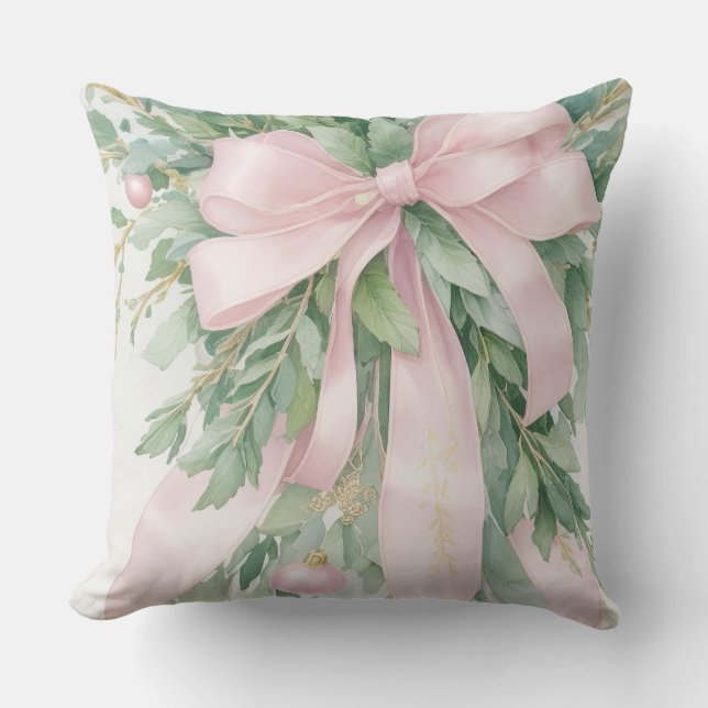 Weihnachten Pink Satin Ribbon Holly Greenery Kissen (Vorderseite)