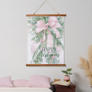 Weihnachten Pink Satin Ribbon Holly Greenery Wandteppich Mit Holzrahmen