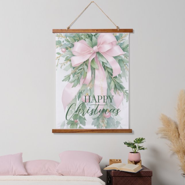 Weihnachten Pink Satin Ribbon Holly Greenery Wandteppich Mit Holzrahmen (Schlafzimmer)