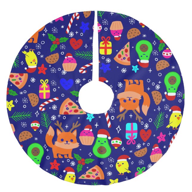 Weihnachten Pizza Cick Vogel Avocado Blau Polyester Weihnachtsbaumdecke (Vorderseite)