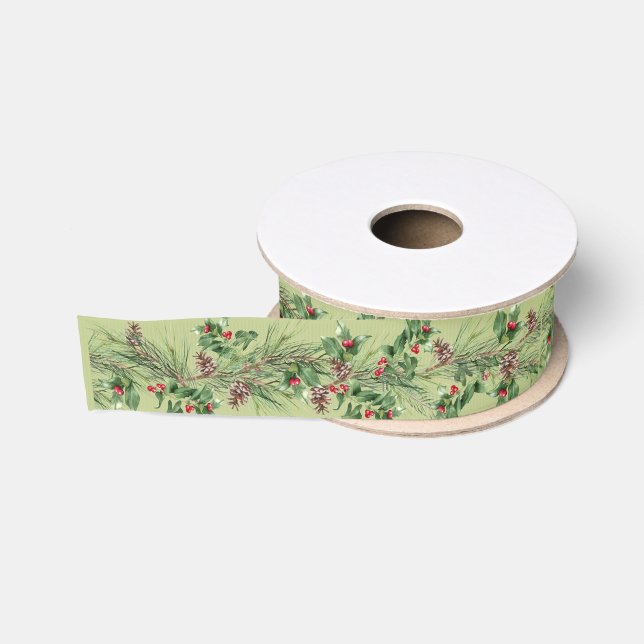Weihnachten Poinsettia Berries und Branchen Ripsband (Spule)