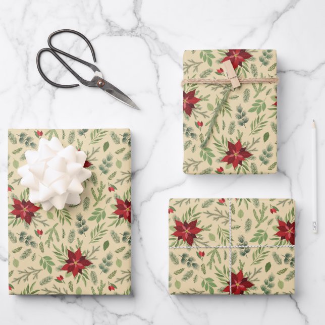 Weihnachten Poinsettia Blume Kiefernzweige Geschenkpapier Set (Vorderseite)