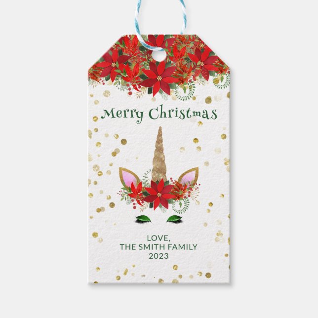 Weihnachten Poinsettia Einicorn mit grünem Schrift Geschenkanhänger (Vorderseite)