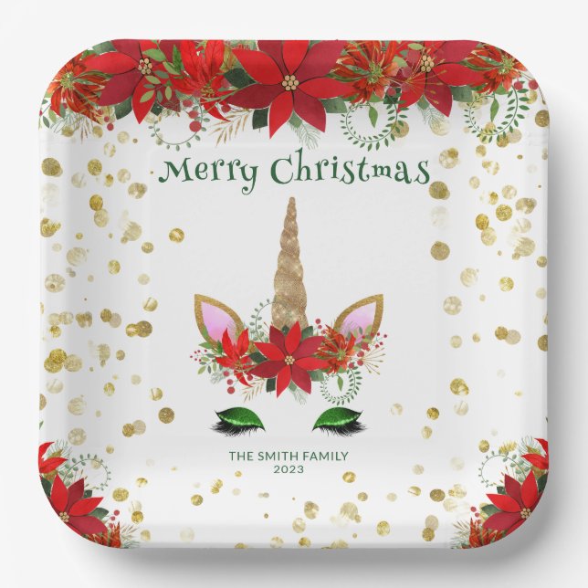 Weihnachten Poinsettia Einicorn mit grünem Schrift Pappteller (Vorderseite)