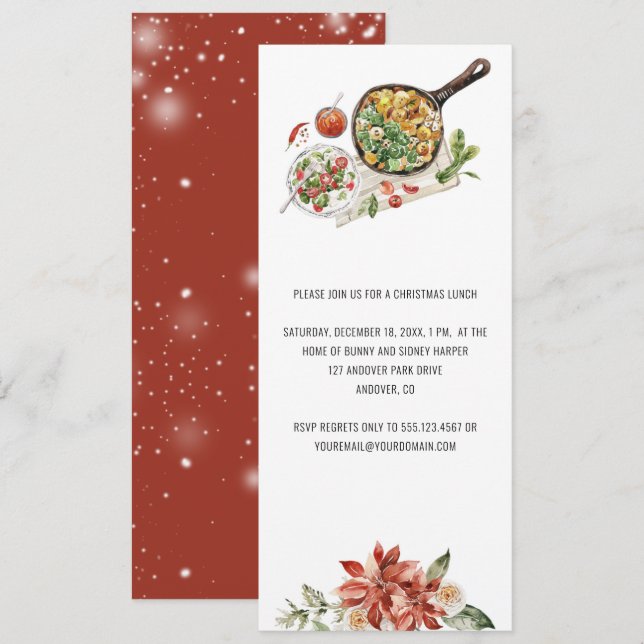 Weihnachten Poinsettia Evergreen Lunch  Einladung (Vorne/Hinten)