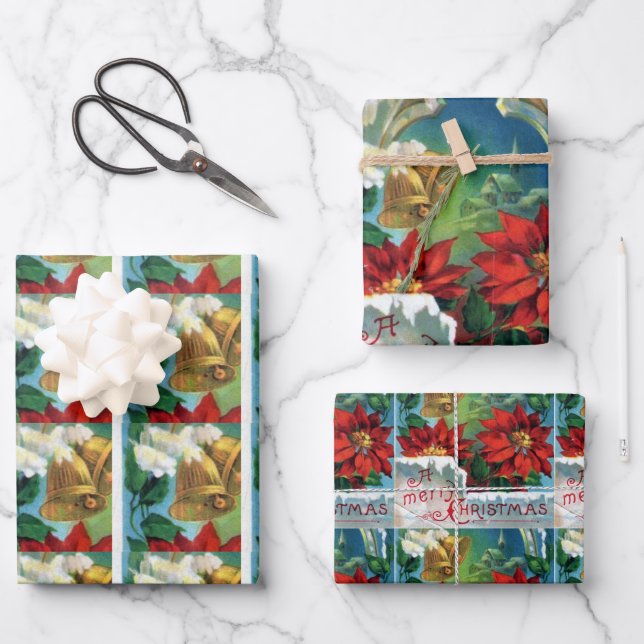 Weihnachten Poinsettia Gold Bells Geschenkpapier Set (Vorderseite)