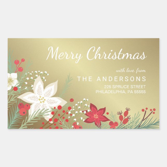 Weihnachten Poinsettia Imitate Gold Foil Rücksende Rechteckiger Aufkleber (Vorderseite)