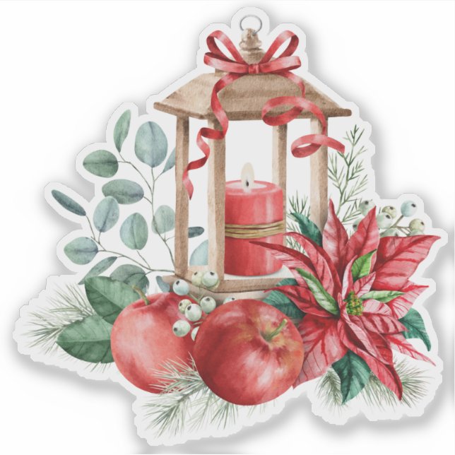 Weihnachten-Poinsettia, Lattern, Äpfel Bouquet Aufkleber (Vorderseite)