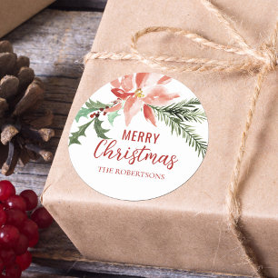 Weihnachten Poinsettia Wasserfarbe Botanisch Runder Aufkleber