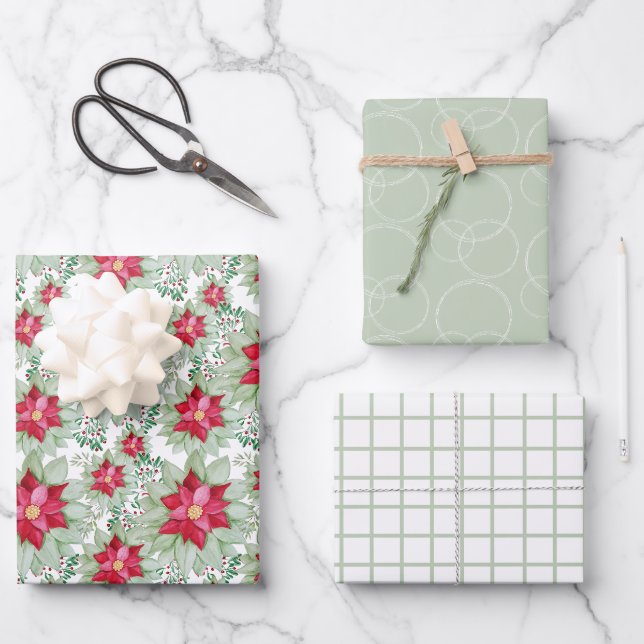 Weihnachten Poinsettia Wasserfarbe Handgemalt Geschenkpapier Set (Vorderseite)