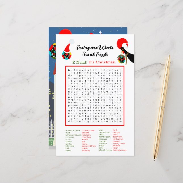 Weihnachten Portugiesische Word Suche Puzzle für K (Vorderseite/Rückseite Beispiel)
