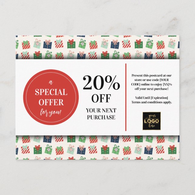 Weihnachten präsentiert Custom Coupon Discount Postkarte (Vorderseite)