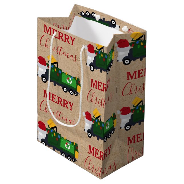 Weihnachten Recycelnd Müllwagen Große Geschenktasc Mittlere Geschenktüte (Vorderseite Schrägansicht)