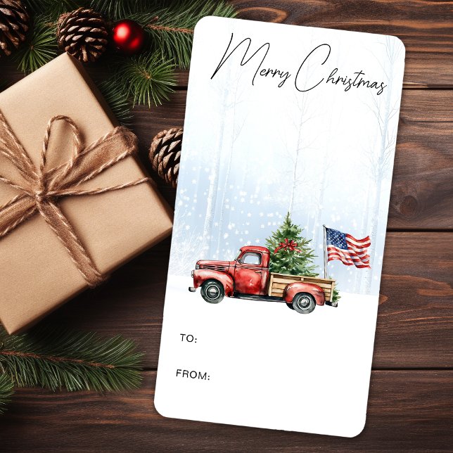 Weihnachten Red Truck Patriotic Flag Geschenk Adressaufkleber (Von Creator hochgeladen)