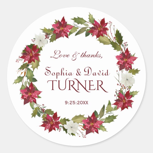 Weihnachten Red White Poinsettia Hochzeit Runder Aufkleber (Vorderseite)