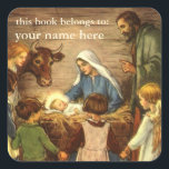Weihnachten, Religiöse Geburt w Baby Jesus Quadratischer Aufkleber<br><div class="desc">Vintage Darstellung religiöser Weihnachtsbilder mit einer wunderschönen klassischen Krippe-Familienszene mit Maria,  Joseph und dem Säugling Jesus Christus in der Leitung in Bethlehem. Eine Christliche Religionsszene mit Kindern versammelte sich mit Händen um das Kind.</div>