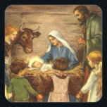 Weihnachten, Religiöse Geburt w Baby Jesus Quadratischer Aufkleber<br><div class="desc">Vintage Darstellung religiöser Weihnachtsbilder mit einer wunderschönen klassischen Krippe-Familienszene mit Maria,  Joseph und dem Säugling Jesus Christus in der Leitung in Bethlehem. Eine Christliche Religionsszene mit Kindern versammelte sich mit Händen um das Kind.</div>