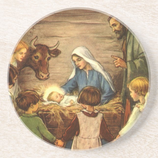 Weihnachten, Religiöse Geburt w Baby Jesus Sandstein Untersetzer (Vorne)