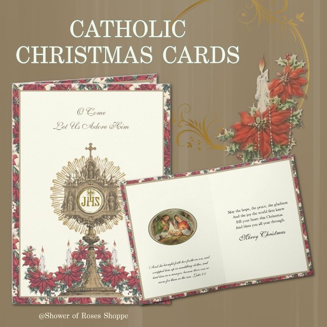 Weihnachten Religiöse Poinsettias Jesus Candles (Traditional Catholic Christmas Cards with Eucharist, Scripture, and Holy Rosary, Poinsettias)