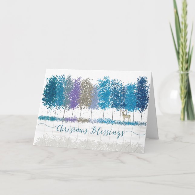 Weihnachten Religiöse Segen Blaue Bäume und Hirsch Karte (Vorderseite)