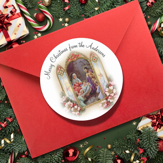 Weihnachten Religiöse Vintage Geburt Runder Aufkleber (Von Creator hochgeladen)