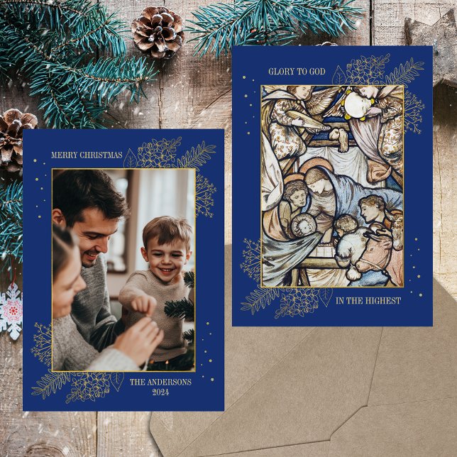 Weihnachten Religiöses Christliches katholisches b (Christmas Nativity Religious Christian Catholic Elegant Modern Blue Custom Photo Holiday Card)